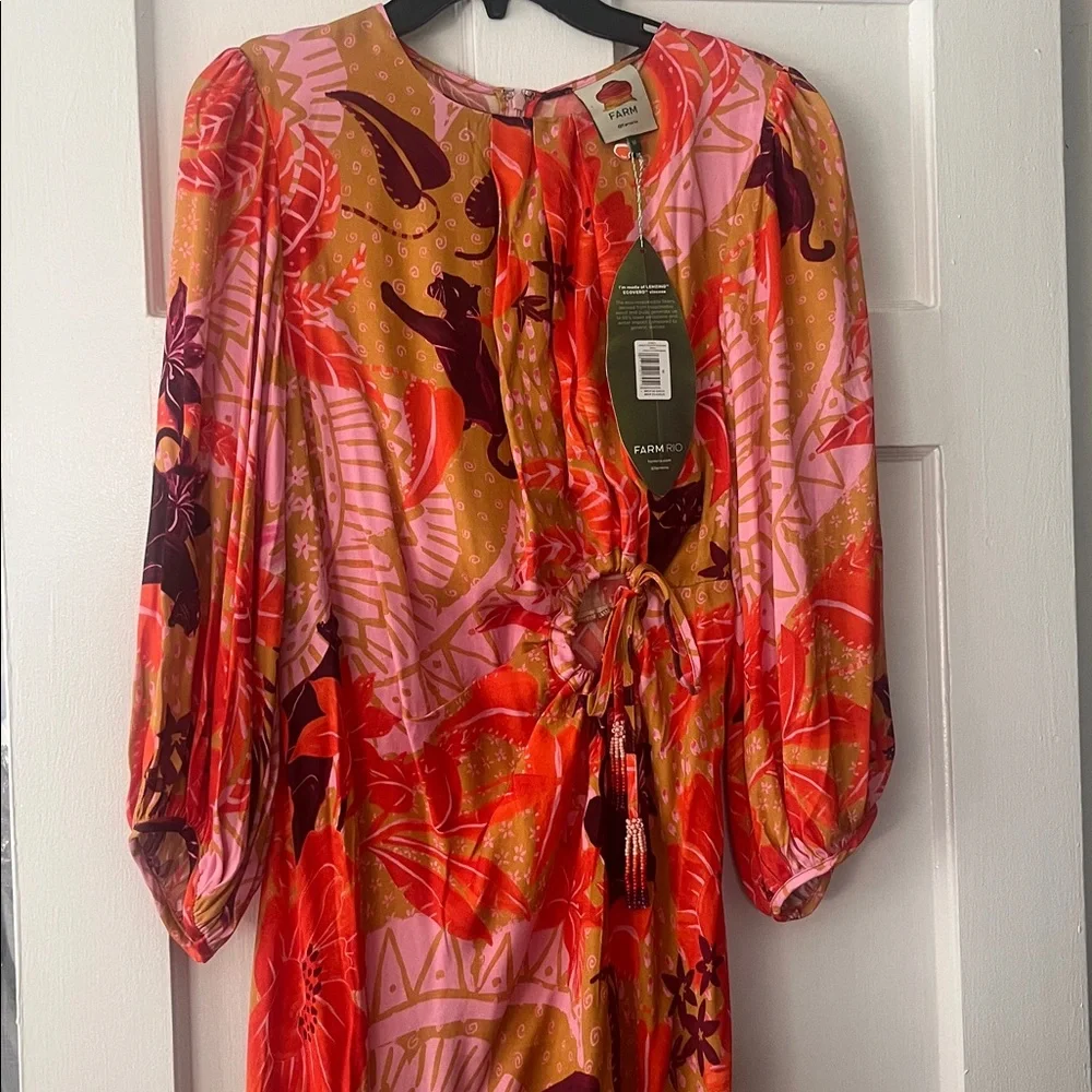Farm Rio jungle panther tropical beige cutout long sleeve midi dress - NWT sz m - Picture 4 of 8